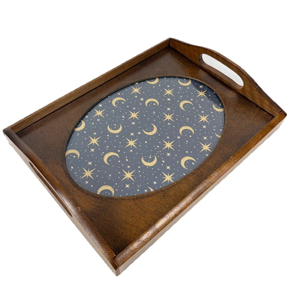 VTG Wood Glass Serving Tray Frame Needlepoint Display Creative Circle 9.5x11.25”